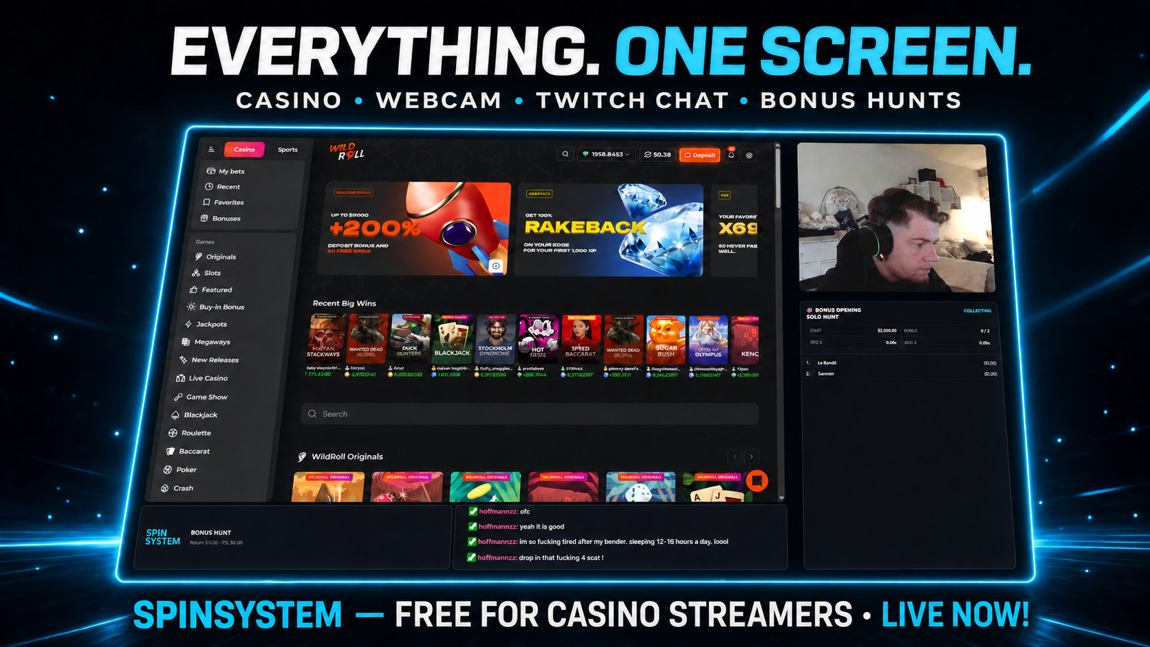 SpinSystem desktop app with casino, webcam, Twitch chat and bonus hunt tracker